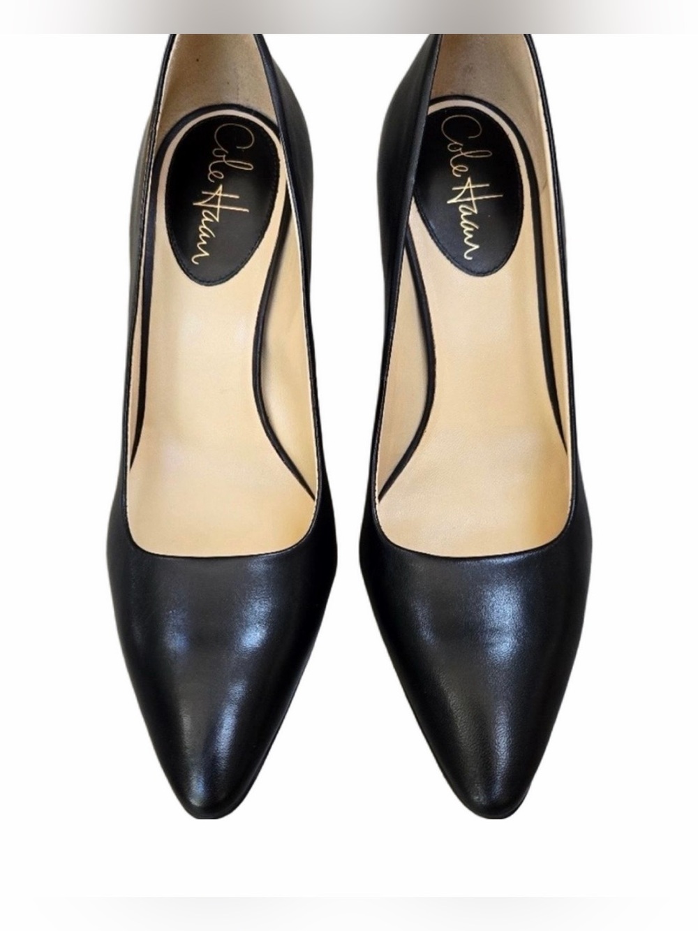 COLE HAAN Smooth Black Leather Pointed-Toe Pumps Heels